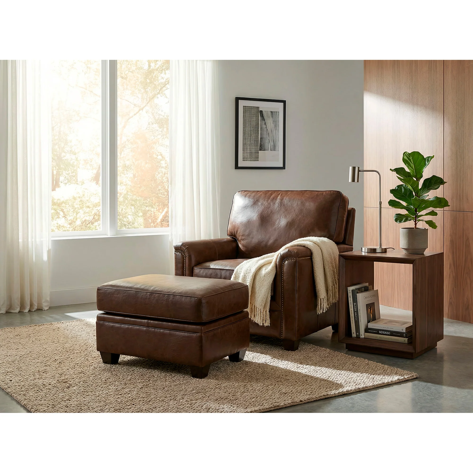 Warren Feather Blend Leather Ottoman - Image 3