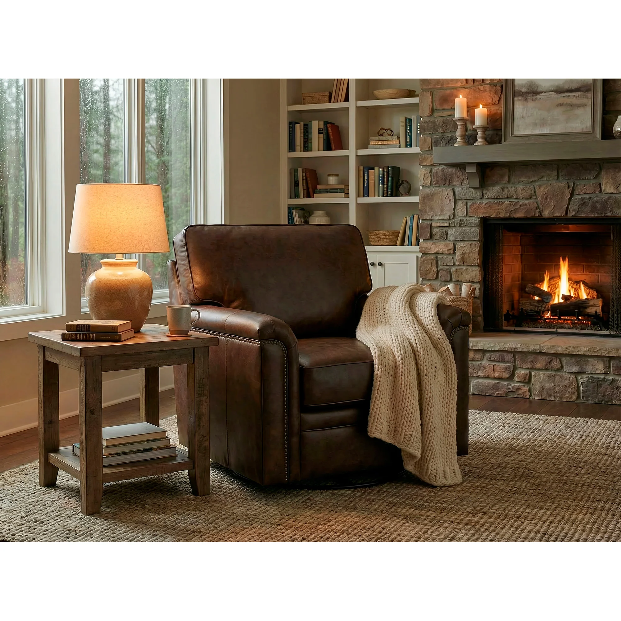 Warren Feather Blend Leather Nail Head Swivel Chair - Image 3